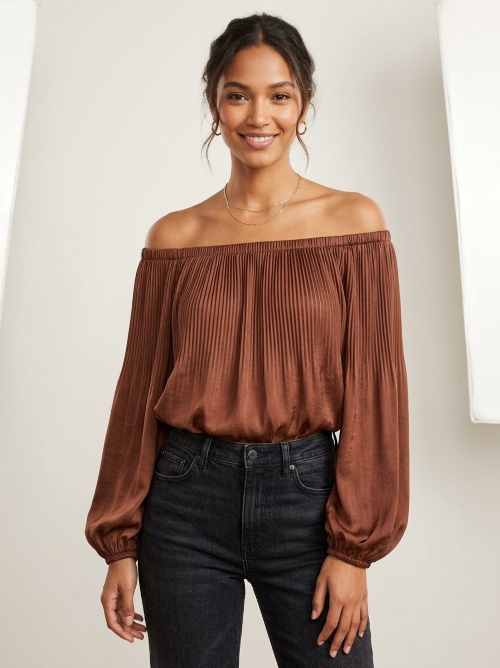 Express Rust Brown Off-Shoulder Peasant Blouse, Partially Pleated Satin, Medium